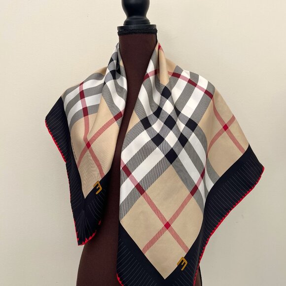 NWT Burberry Scarf Logo Iconic Beige Check Black Red Border Silk Wrap - Picture 6 of 13